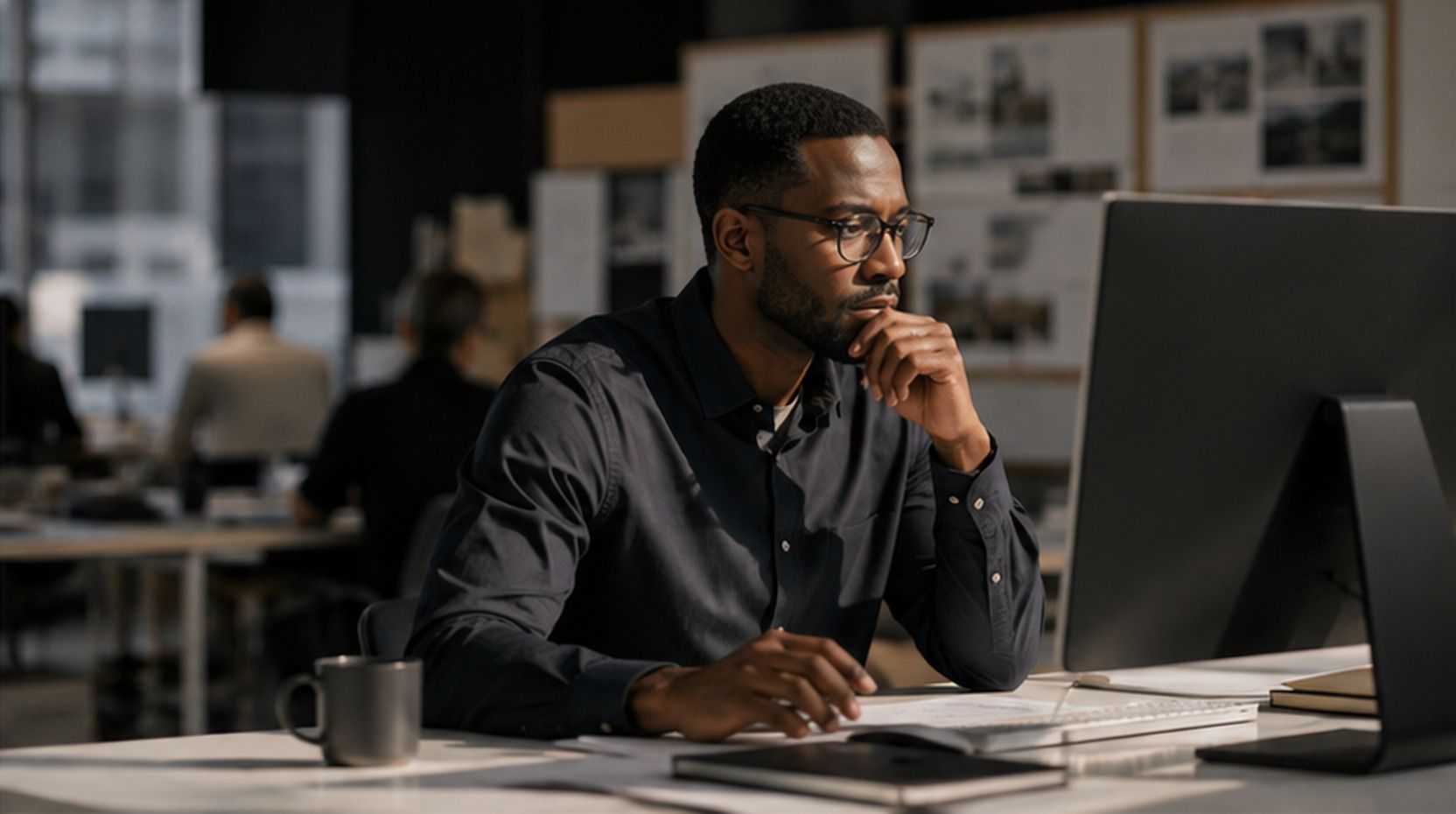 An architect studying his screen in a design studio