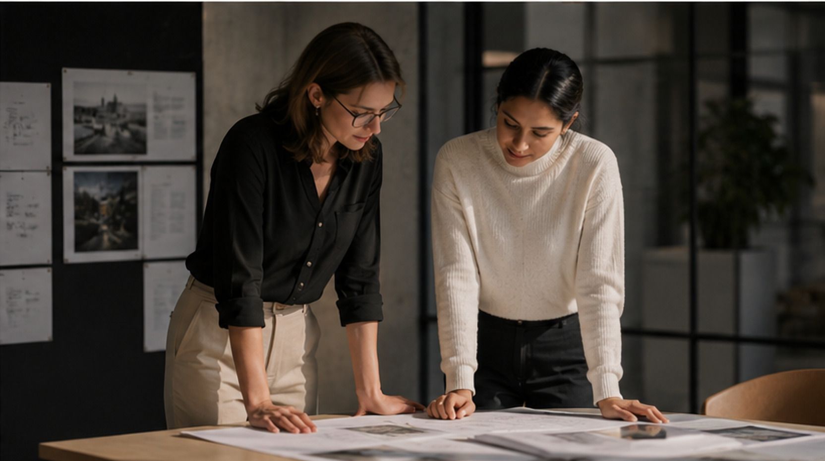 Two architects reviewing drawings together at a studio table